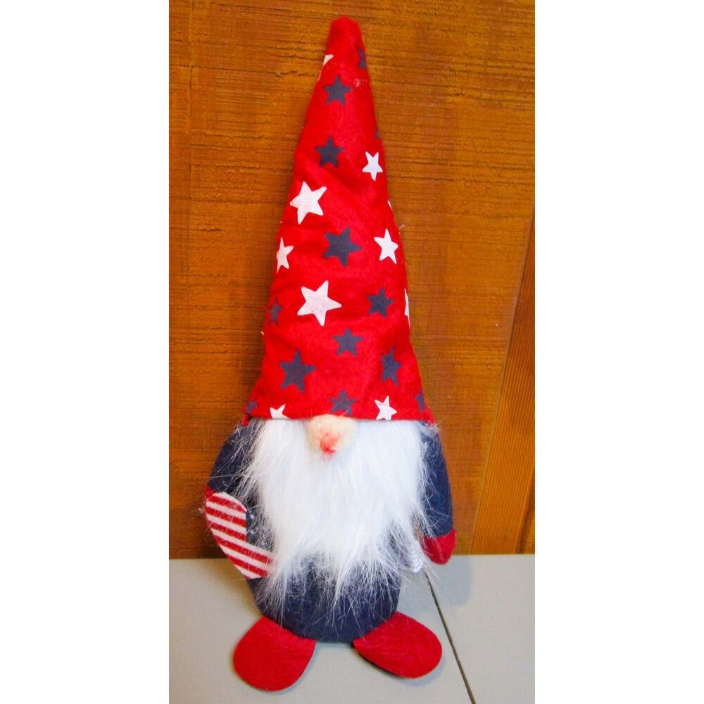 Patriotic Plush Gnome Americana Red White Blue Stars Stripes Decor 14 ins Tall